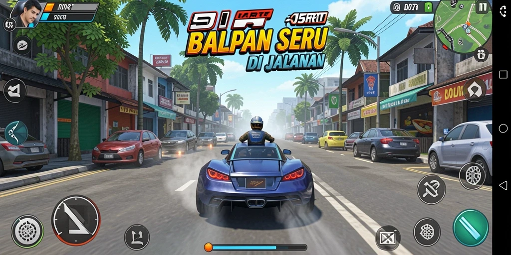 Tampilan gameplay 5RT dengan mobil balap di jalur yang menantang.