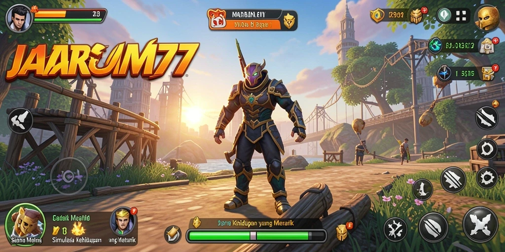 Screenshot utama JARUM77 menampilkan gameplay simulasi kehidupan yang dinamis.