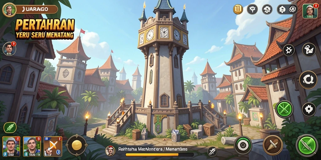 Tampilan gameplay JUARAGO dengan menara menyerang musuh.