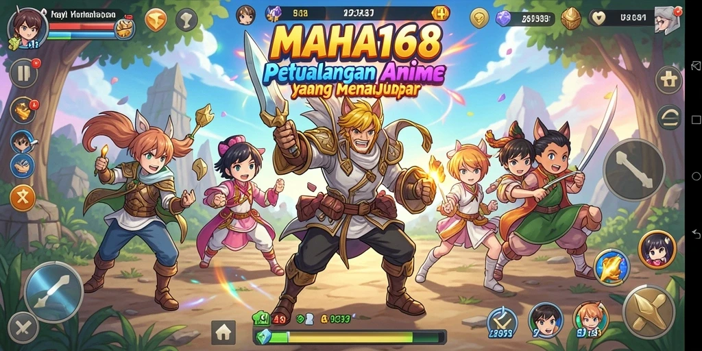 Screenshot gameplay MAHA168 menunjukkan karakter anime beraksi.