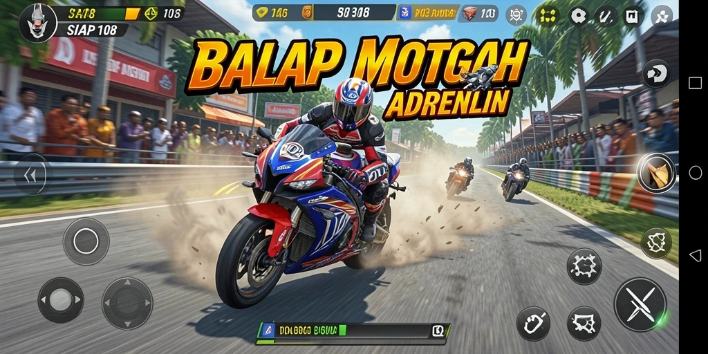 Screenshot gameplay SIAP108 menunjukkan aksi balap motor yang mendebarkan.