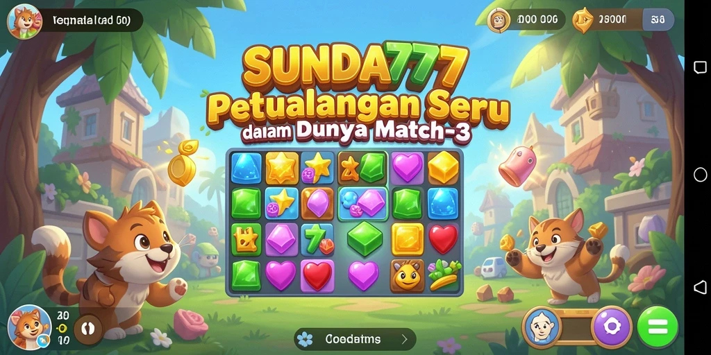 Screenshot SUNDA777 menampilkan gameplay Match-3 yang seru dan penuh warna.