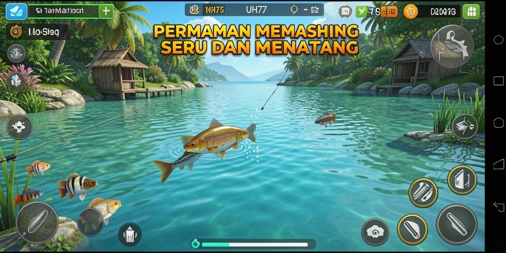 Screenshot utama UH77 menampilkan gameplay memancing yang menarik dan realistis.